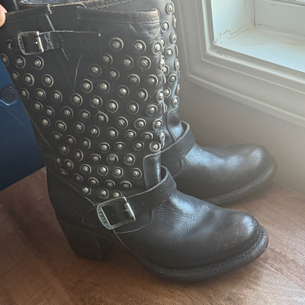 Frye Black Studded Moto Boots